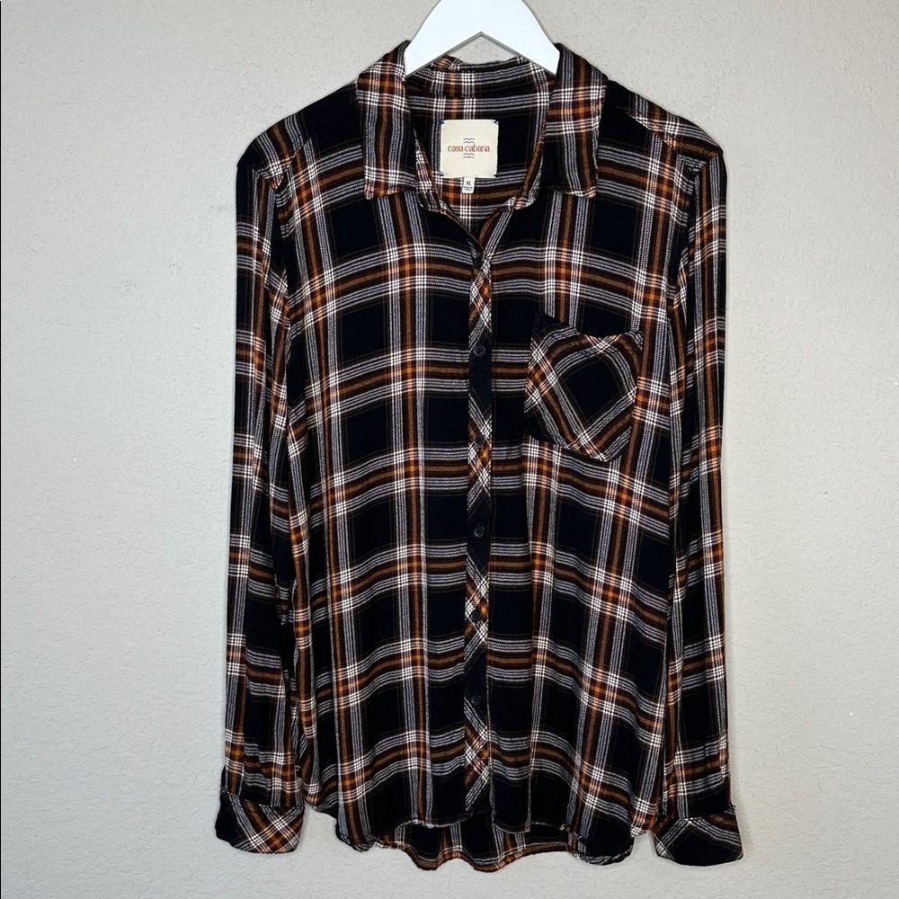 Casa Cabana Plaid Button Down Long Sleeve Shirt in Black, Cream and Gold Size XL